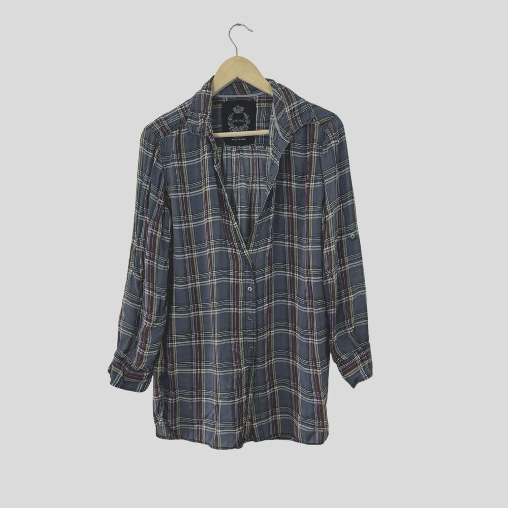 Cino Medium Button Up Tunic Top Plaid Roll Tab Sleeves Womens READ***